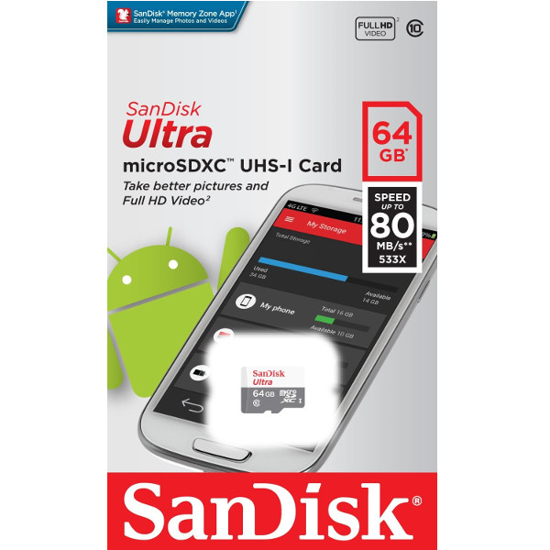 Vaizdas Sandisk, 64GB, max 80MB/s atminties kortelė, microSD                                                                                                  