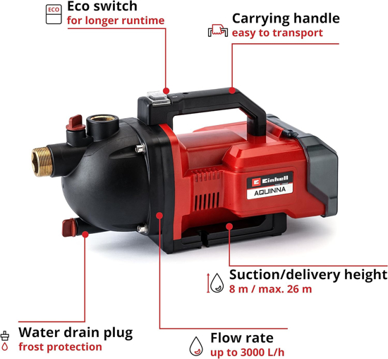 Einhell akumuliatorinis sodo siurblys AQUINNA Power X-Change (2 x 18 V, 2 pakopu ECO jungiklis, vandens ipylimo varztas ir vandens nuleidimo varztas, 